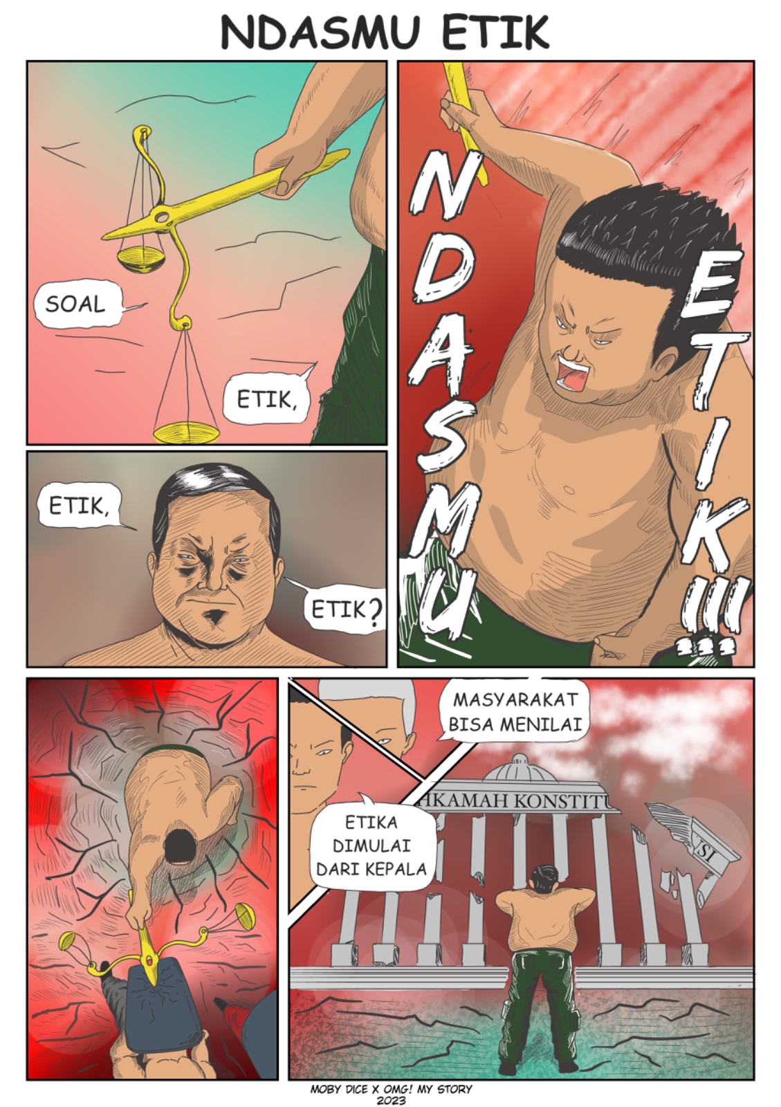 Sebuah komik dari video Prabowo Subianto menanggapi pertanyaan di debat capres 1 soal etika yang diputuskan oleh MKMK yang viral di media sosial.