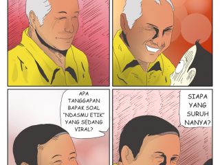 Nuansa Orba Panel 1: kenapa presiden di Indonesia cuma satu, padahal Indonesia sangat luas? Panel 2: Siapa suruh kamu tanya begitu? Panel 3: Apa tanggapan bapak soal “ndasmu etik” yang sedang viral? Panel 4: Siapa yang suruh nanya?