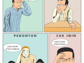 Gimmick Debat Cawapres Panel 1: Gibran “Lagi nyari jawaban Pak Mahfud” Panel 2: Mahfud MD “Saya juga nyari jawaban Mas Gibran” Panel 3: Voter “Lagi nyari etika Gibran” Panel 4: Cak Imin “Lagi nyari videotron”
