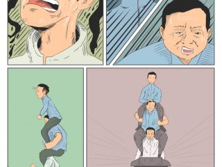 Panel 1: Jokowi keringatan dan ekspresinya menghilangkan rasa lelahnya Panel 2: Potrait Gibran yang tengil dan Prabowo yang udah lelah Panel 3: Jokowi sedang berlari diatas treadmill, di atas pundak jokowi ada Prabowo, di atas pundak Prabowo ada Gibran yang sedang mencari-cari sesuatu Panel 4: Anggota TNI sedang mengangkat treadmil Jokowi yang sedang berlari, di atas pundak Jokowi ada Prabowo, di atas pundak Prabowo ada Gibran yang sedang mengelus kepala Prabowo