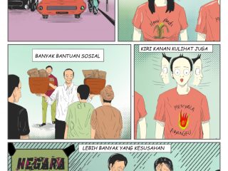 Naik-naik ke Puncak Harga Sebuah komik dengan keterangan di setiap panelnya dipandu lagu plesetan lagu anak-anak Naik-naik ke Puncak Gunung Panel 1: Keterangan “Naik-naik ke puncak harga, tinggi-tinggi sekali”. Seseorang menyetir dengan mengeluarkan kepalanya di mobil, dan di atas mobil ada telur, beras, botol dengan tulisan BBM, cabai. Panel 2: Keterangan “Kiri kanan kulihat saja”. Mona tengah menengok ke kiri ke kanan Panel 3: Keterangan “banyak bantuan sosial”. Jokowi membagi-bagikan bansos. Panel 4: Keterangan “Kiri kanan kulihat juga”. Dadu lagi menengok ke kiri ke kanan Panel 5: Keterangan “Lebih banyak yang kesusahan”. Di warkop dengan mejanya bertuliskan “negara agrarice tapi harga berasnya bikin nangis” ada tiga orang yang sedang duduk minum kopi sambil bergumam “nasib jadi kaum kelas menengah” kata orang pertama, “duh, mana gaji segitu aja lagi” kata orang kedua.