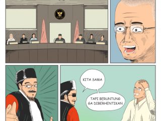 PELANGGAR KODE ETIK Panel 1. Keterangan: DKPP memutuskan Ketua KPU Langgar Kode Etik karena loloskan Gibran menjadi Cawapres. Panel 2. Ketua KPU Hasyim Asy’ari “Argh…” Panel 3. Anwar Usman sedang bergaya menembak Panel 4. Anwar Usman dan Hasyim Asy’ari bersalaman. Anwar Usman tersenyum mengucapkan “kita sama, tapi beruntung ga diberhentikan”. Hasyim Asy’ari memegang kepalanya dengan wajah yang konyol dan pusing
